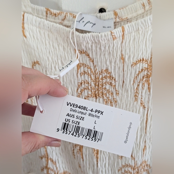 Petal & Pup Ginelle Jumpsuit White Palm Print Smocked Wide Leg Pockets Size L - Picture 5 of 6